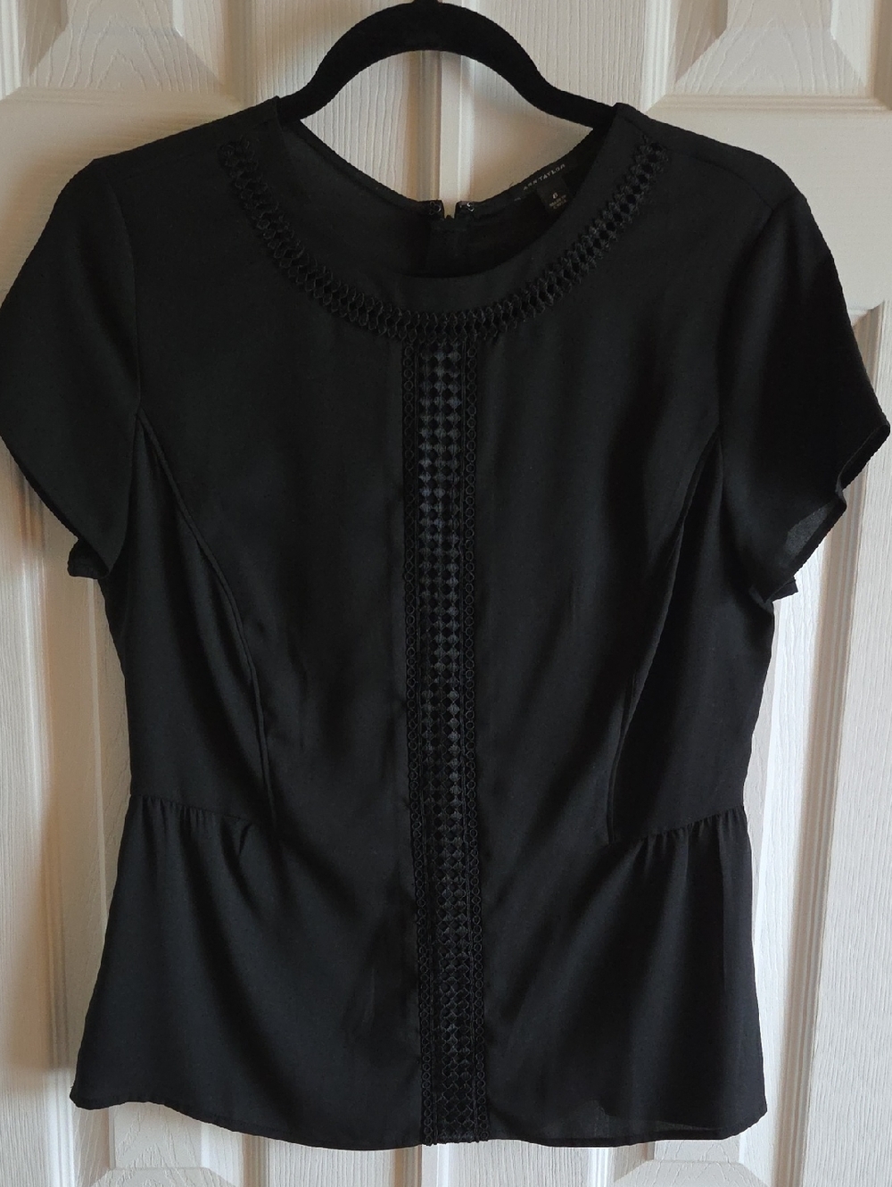 Ann Taylor Black Women's Short Sleeve Lace Embellished Top